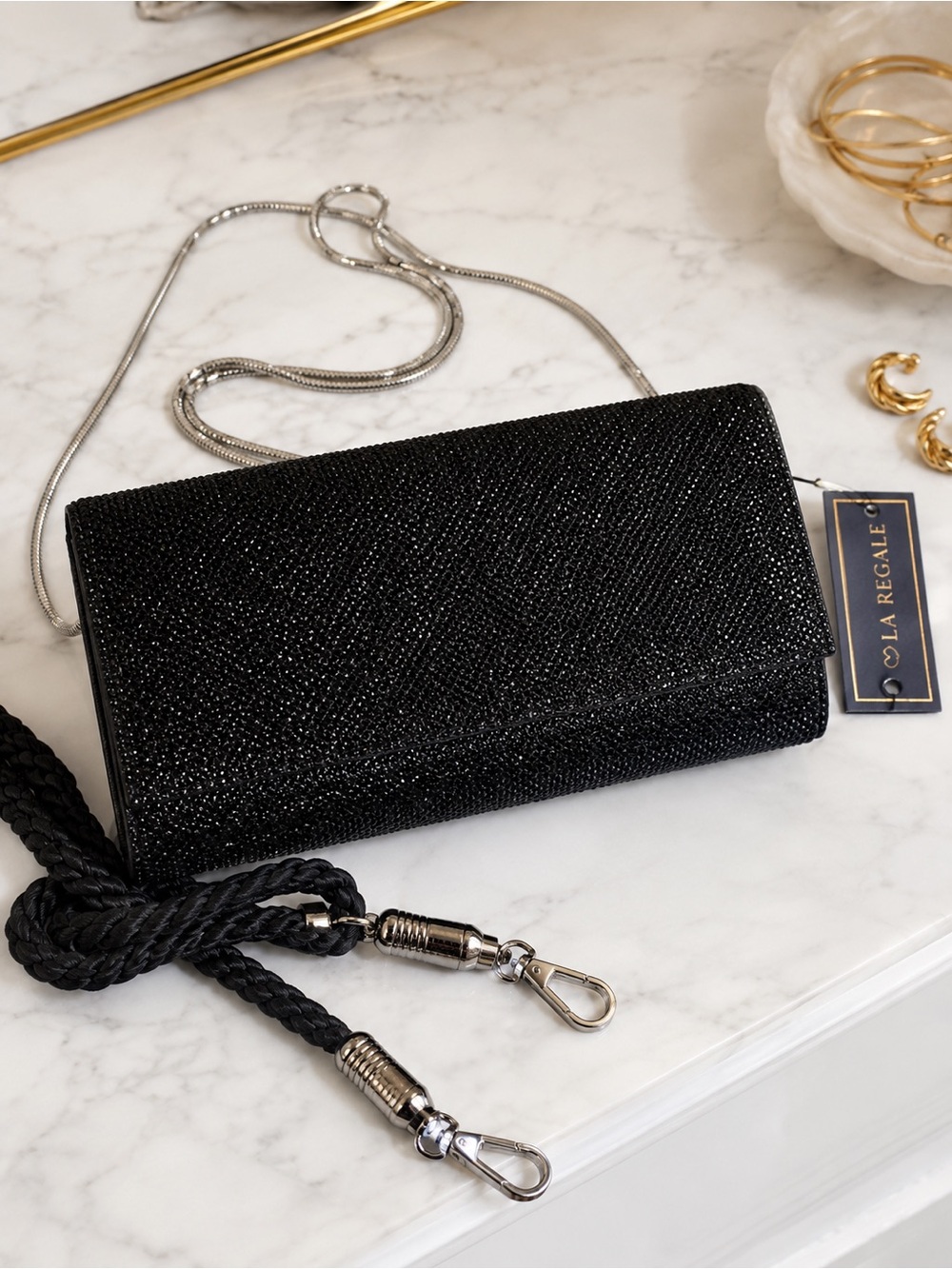 NWT La Regale Black Shimmer Evening Clutch Crossbody Bag